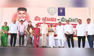 Chief Minister Chandrababu Naidu distributed Pattadar passbooks to farmers in Banaganapalle, Nandyal district.